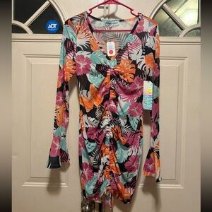 Almost Famous Tropical Ruched Midi Dress in Black, Pink & Teal